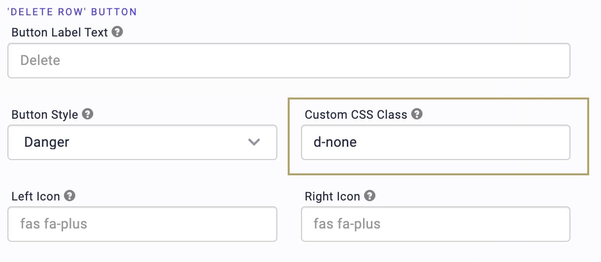 A static image of the Uniform or Freeform grid configuration window displaying an editable button, d-none is entered into the Custom CSS Class to hide the button.