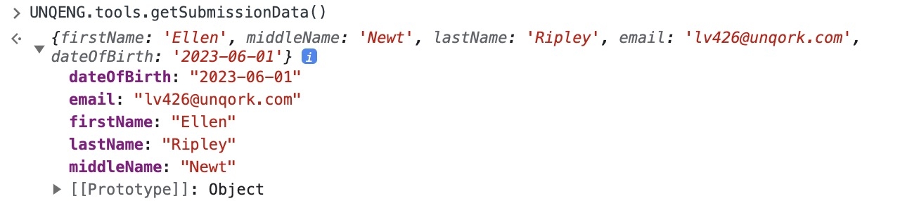 A static image dispaying the Get Submission Data function in the DevTools Console.
