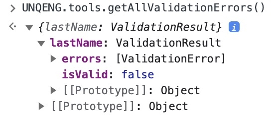 A static image dispaying the Get All Validation Errors function in the DevTools Console.