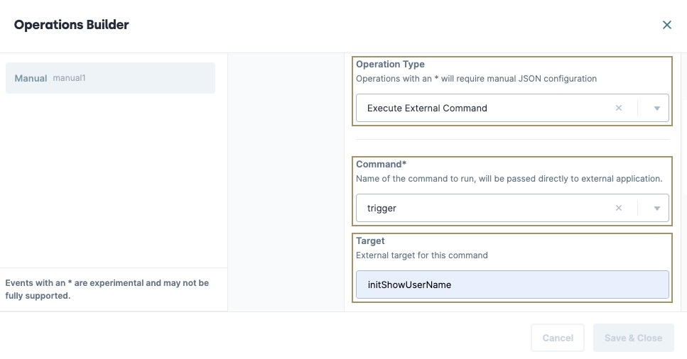 A static image displaying the Operations Builder modal. The Operation Type and Target field keys are highlighted.