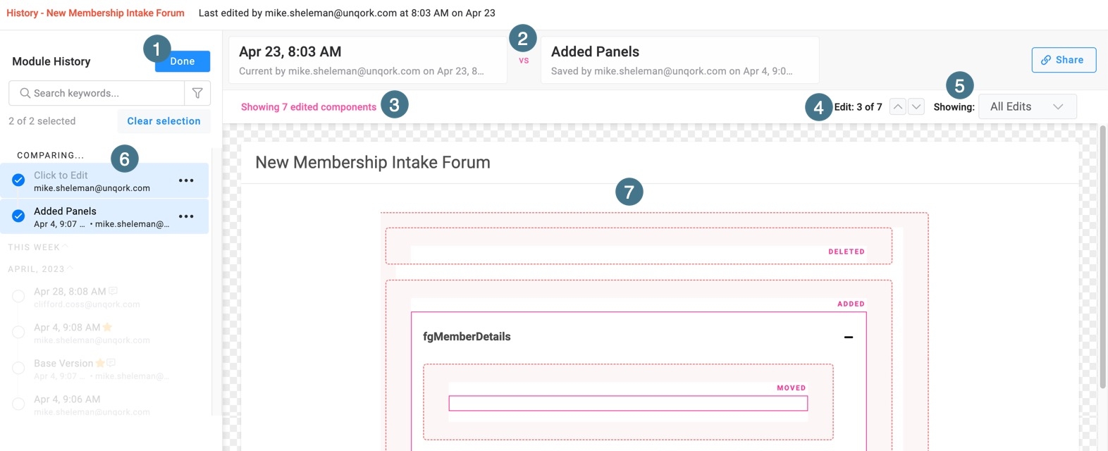 A static image displaying the Module History Compare page. Numbers corespond to the table numbers below.