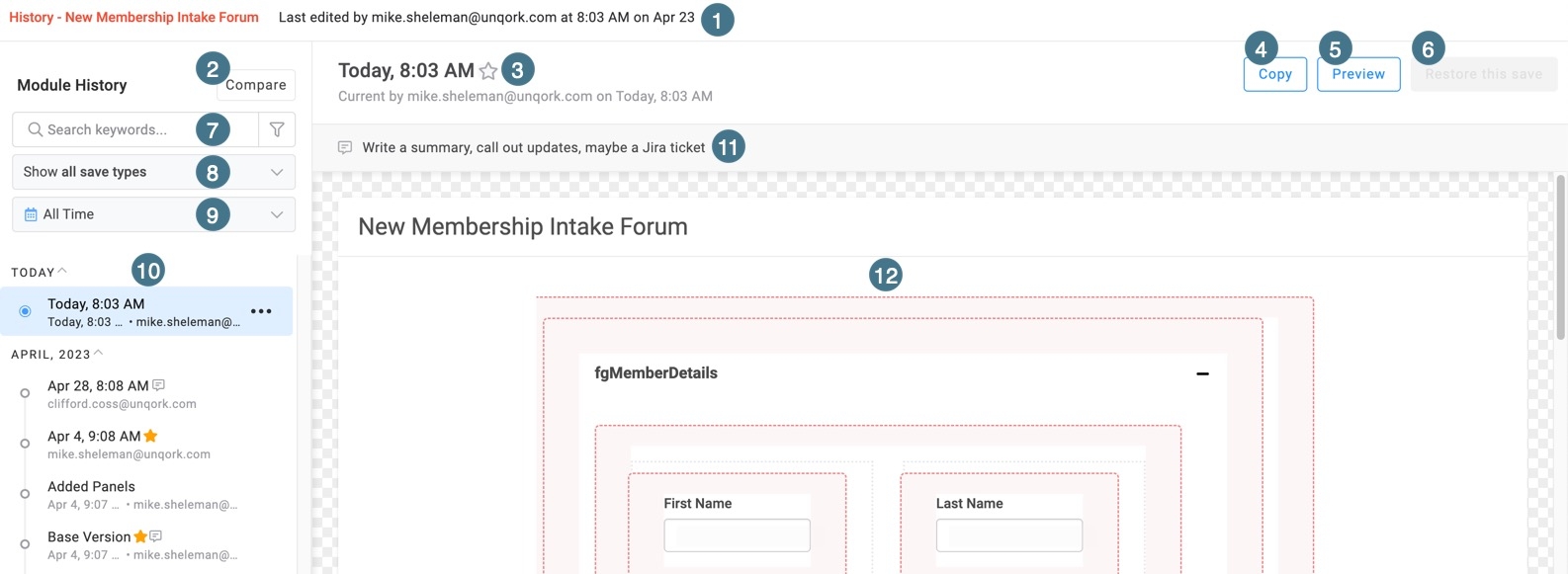 A static image displaying the Module History page. Numbers corespond to the table numbers below.