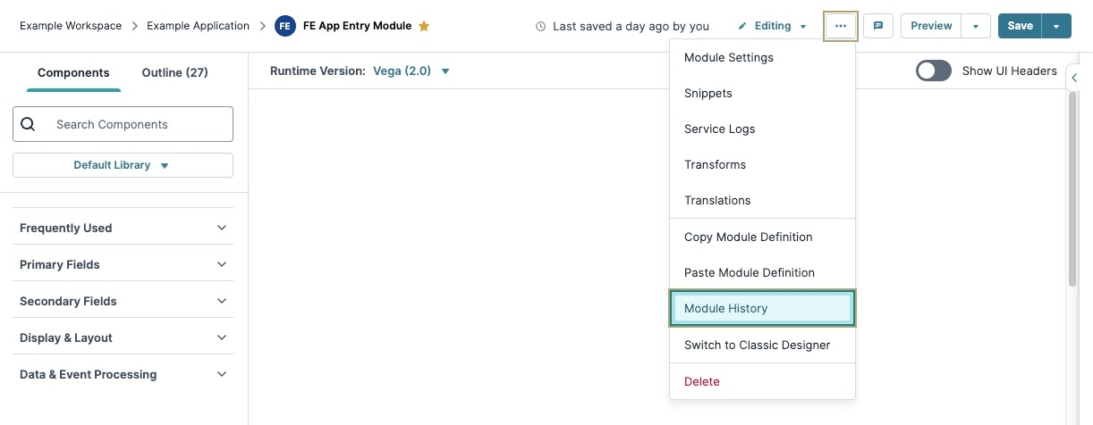 A static image displaying the Module Builder. the Settings button has been selected and the Module History button is highlighted.