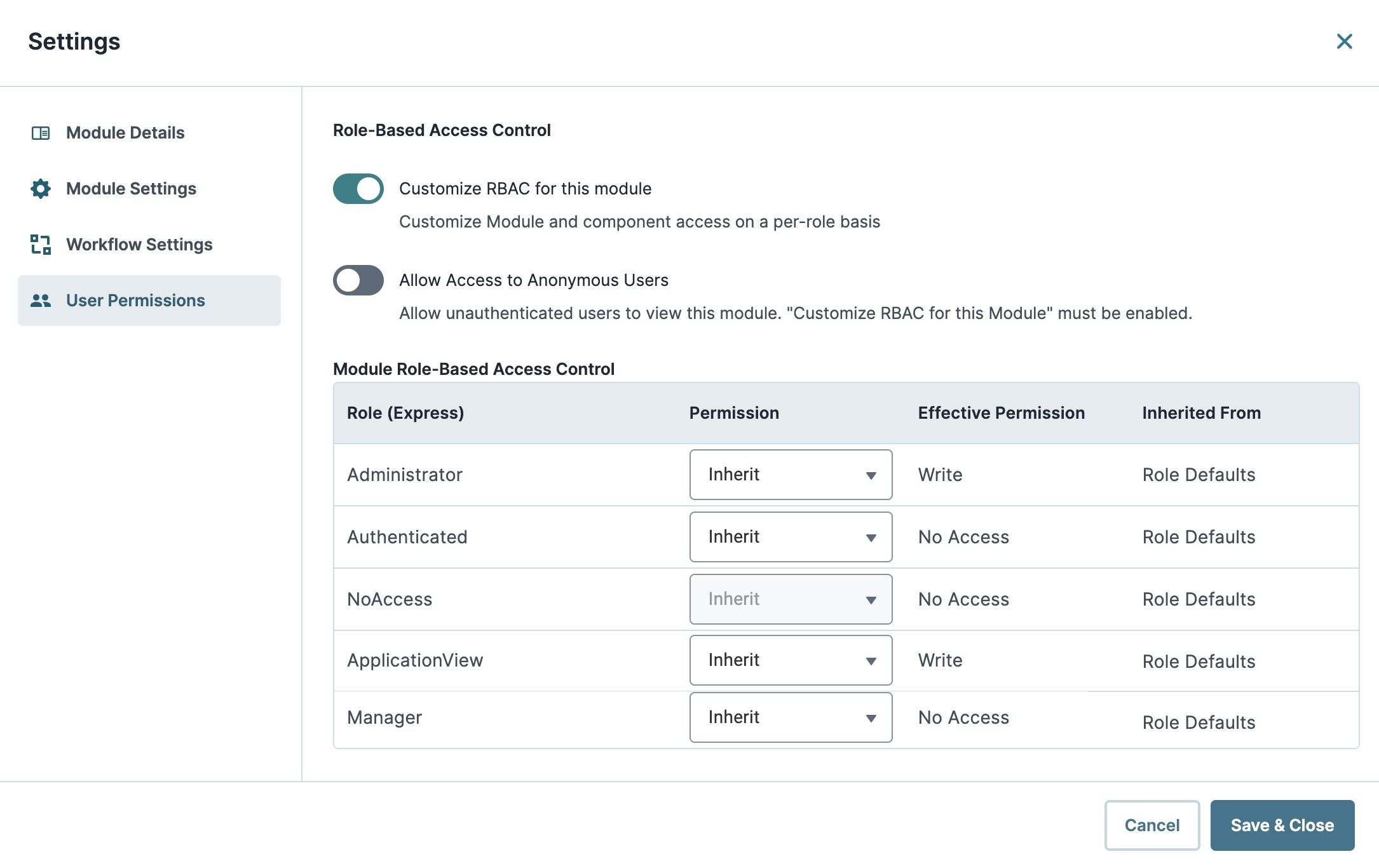 A static image displaying the User Permissions section of the Module Settings.