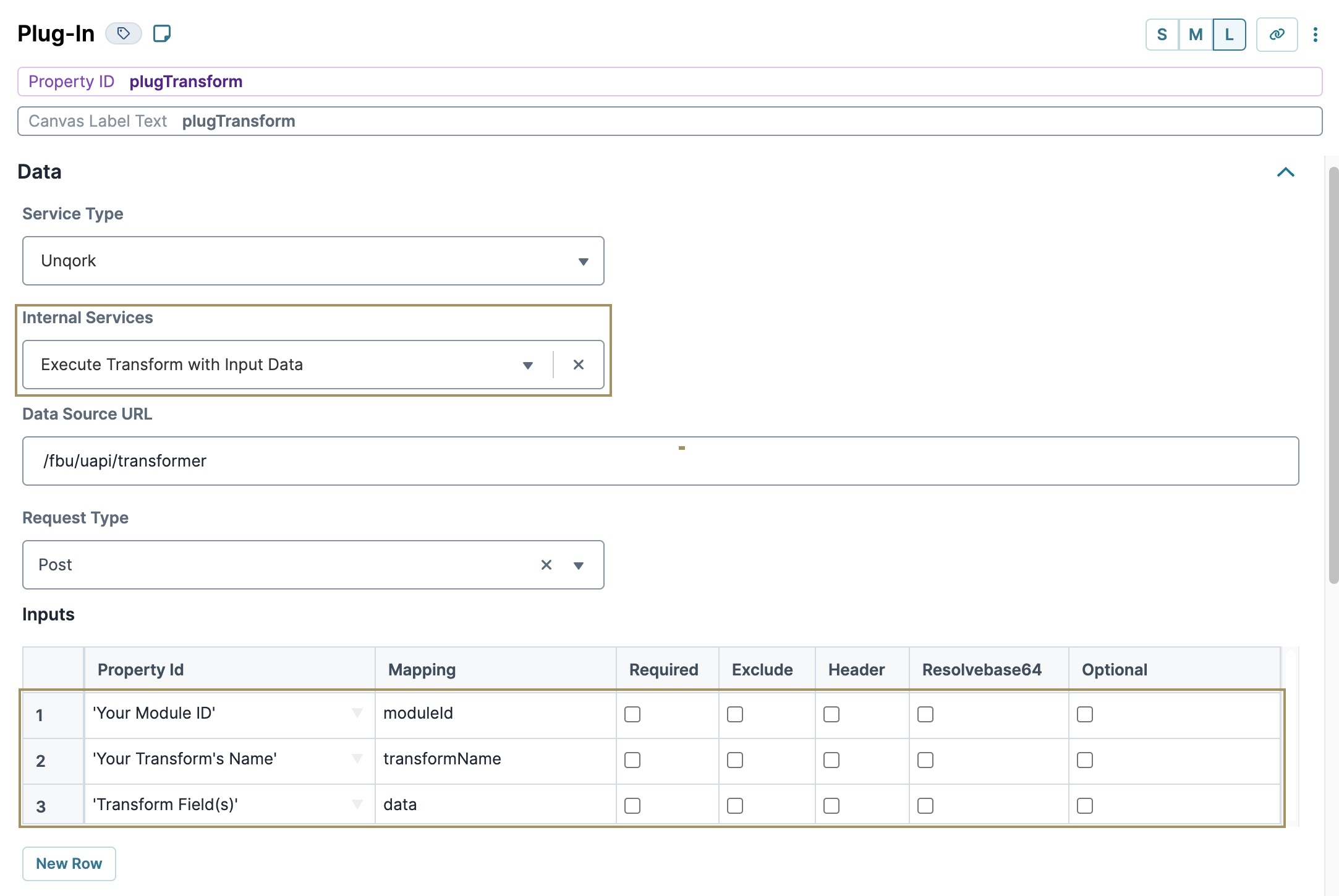 A static image displaying a Plug-In component's configuration window. The Internal Service is set to Execute Transform with Input Data
