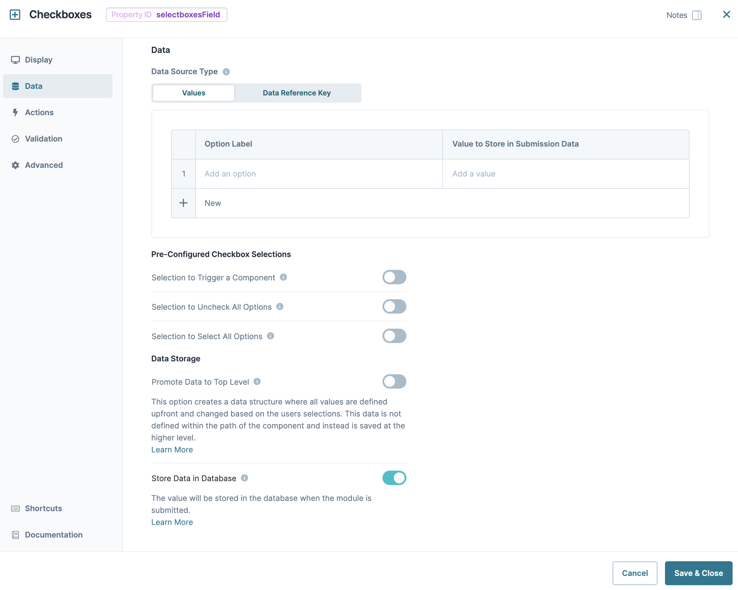 A static image dispaying the Checkboxes component's Data settings.