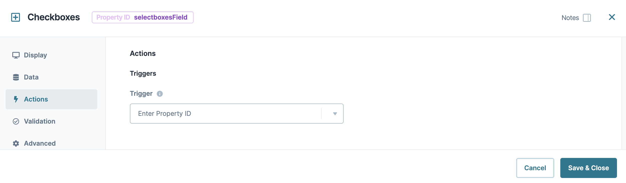 A static image dispaying the Checkboxes component's Actions settings.