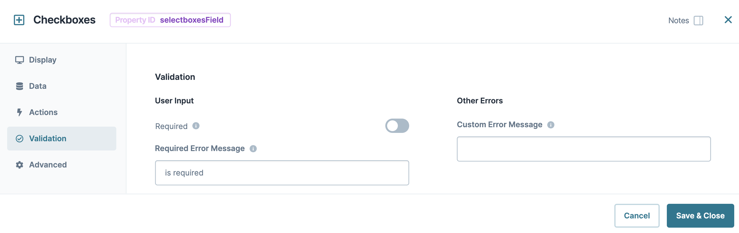 A static image dispaying the Checkboxes component's Validation settings.