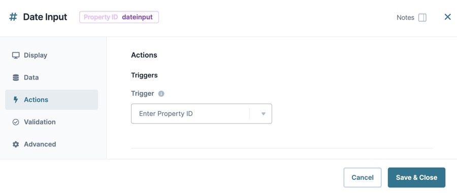 A static image dispaying the Date Input component's Actions settings.