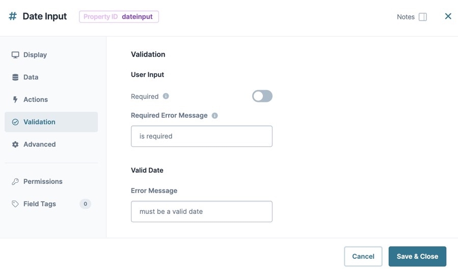 A static image dispaying the Date Input component's Validation settings.
