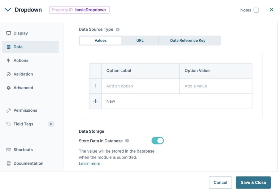 A static image dispaying the Dropdown component's Data settings.