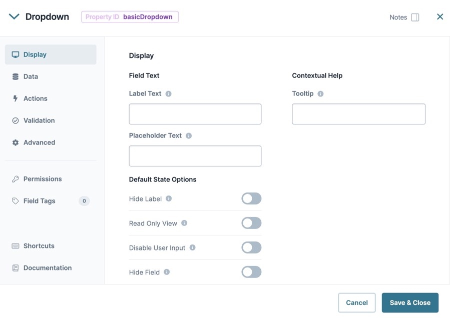 A static image dispaying the Dropdown component's Display settings.
