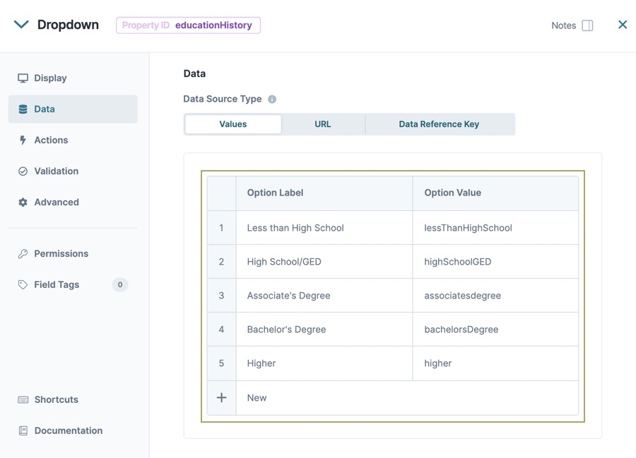 A static image displaying the educationHistory Dropdown component's data settings. The Data Values data is filled out.