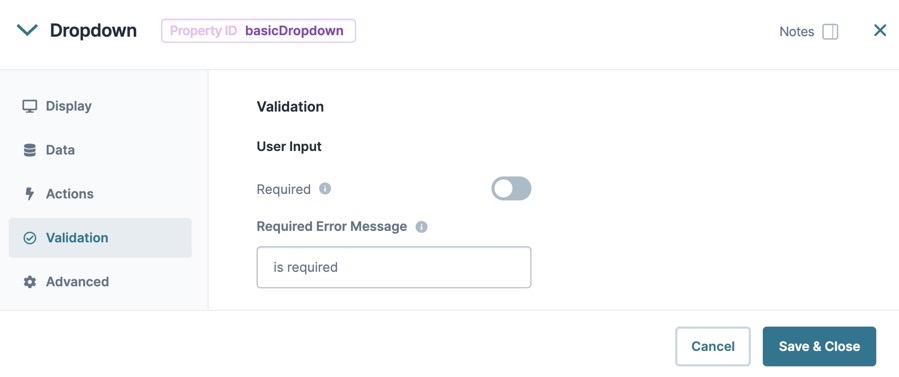 A static image dispaying the Dropdown component's Validation settings.