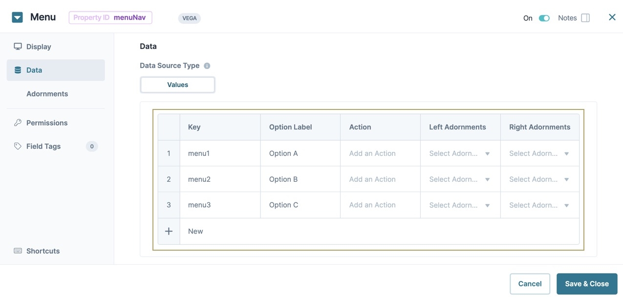 A static image displaying the Menu component's Data Values table. The first three rows are filled out with Options.