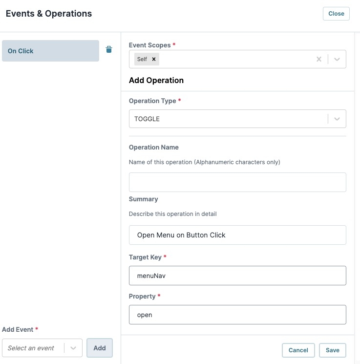 A static image displaying the Button component's Operation builder. the Operation type is set to Toggle, and the fields are filled out.