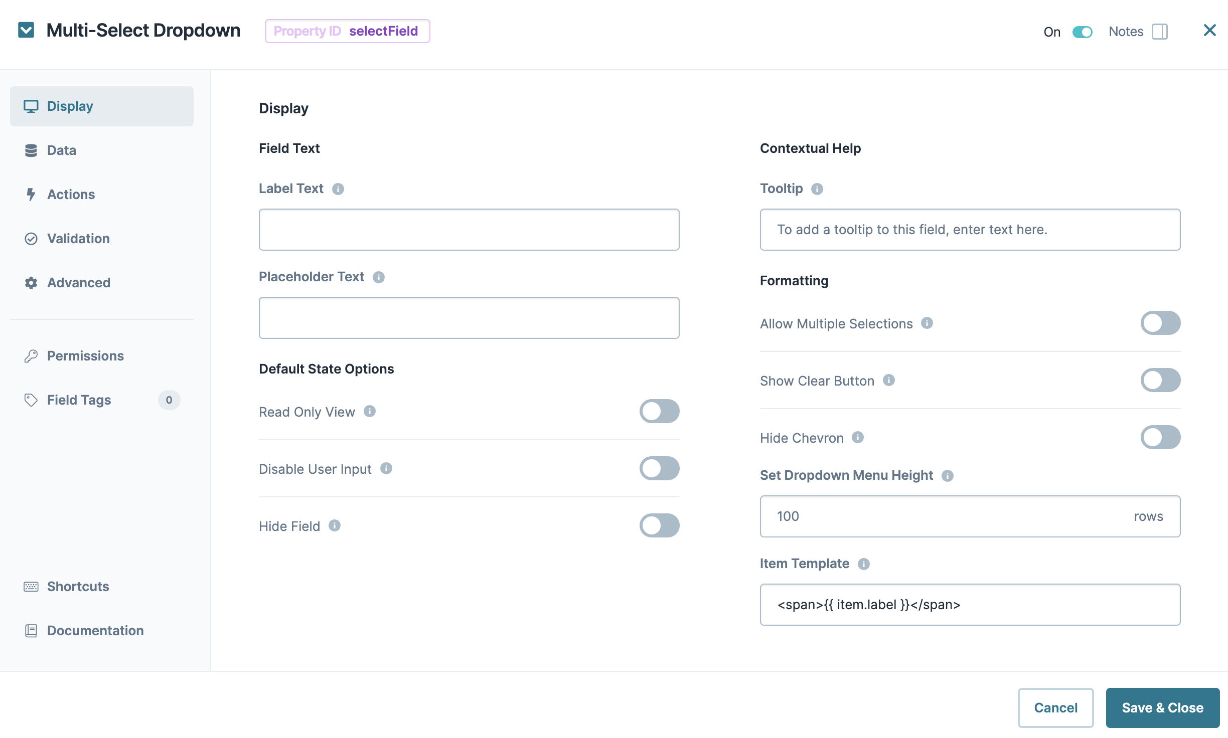 A static image dispaying the Multi-Select Dropdown component's Display settings.