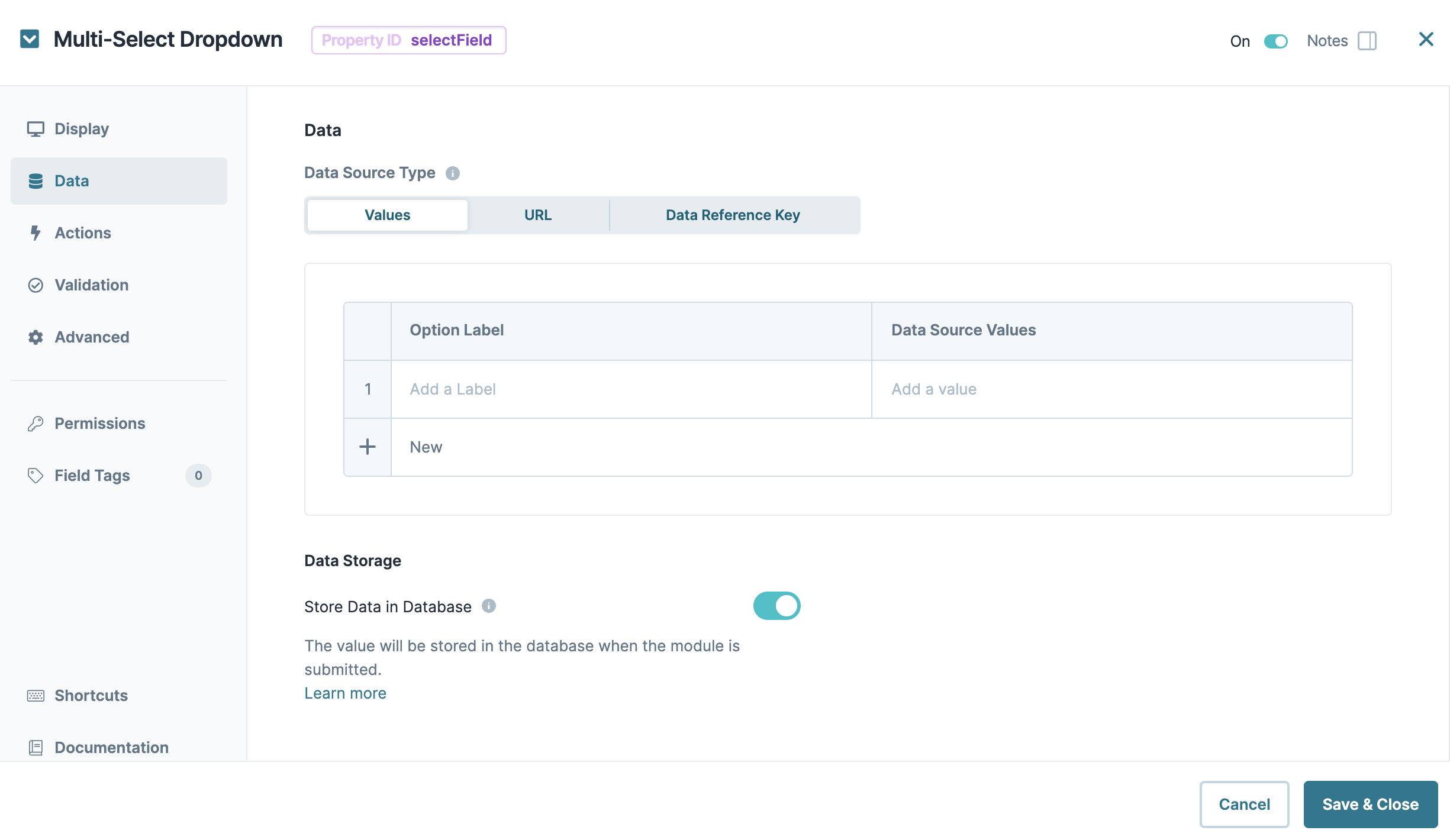 A static image dispaying the Multi-Select Dropdown component's Data settings.