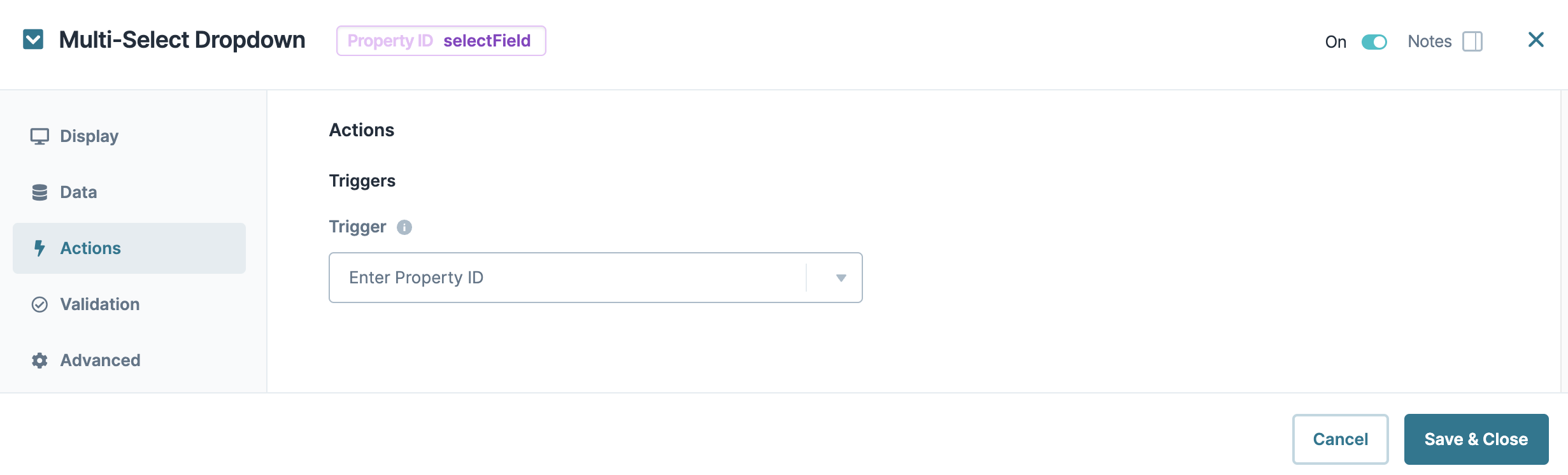 A static image dispaying the Multi-Select Dropdown component's Actions settings.