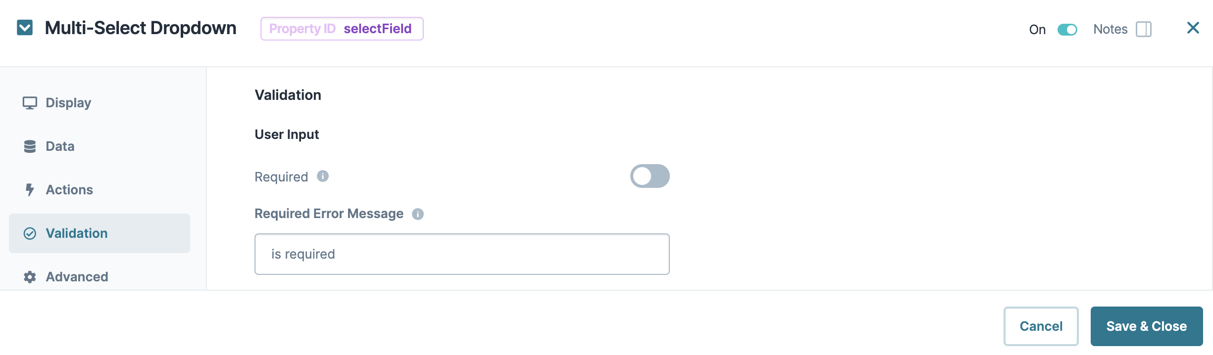 A static image dispaying the Multi-Select Dropdown component's Validation settings.