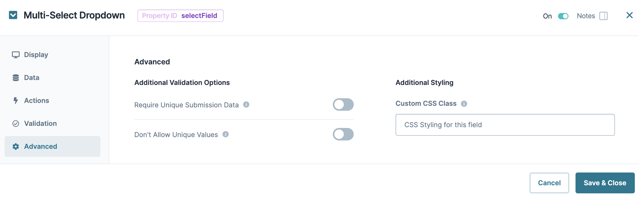 A static image dispaying the Multi-Select Dropdown component's Advanced settings.