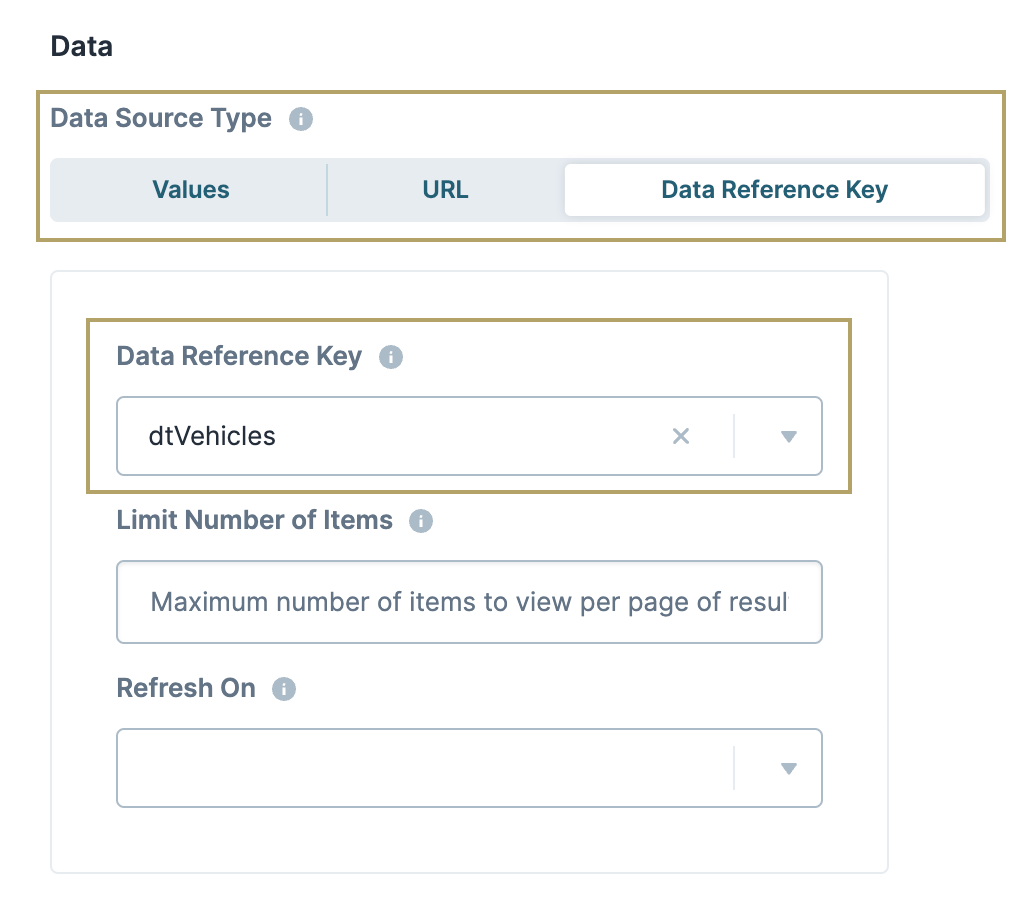 A static image displaying the Multi-Select Dropdown component's Data configuration settings. The Data Source Type is set to Data Reference Key and the Data Reference Key dropdown is set to dtVehicles.