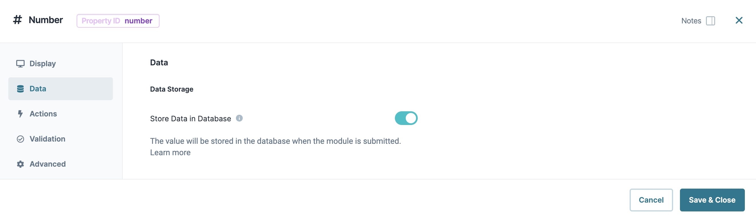 A static image dispaying the Number component's Data settings.