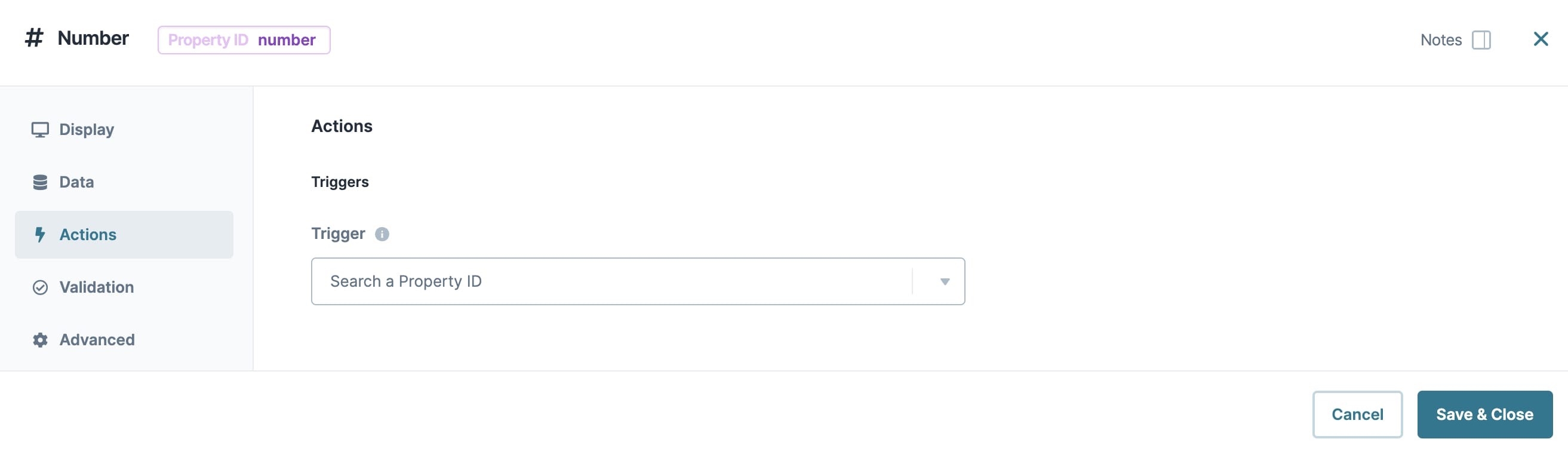 A static image dispaying the Number component's Actions settings.