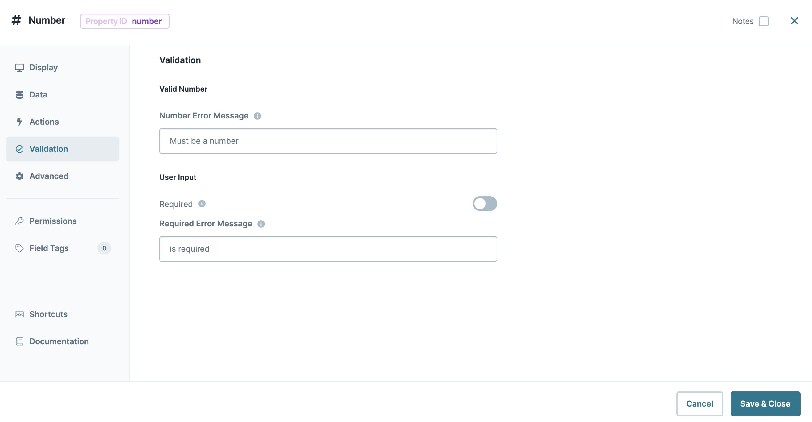 A static image dispaying the Number component's Validation settings.