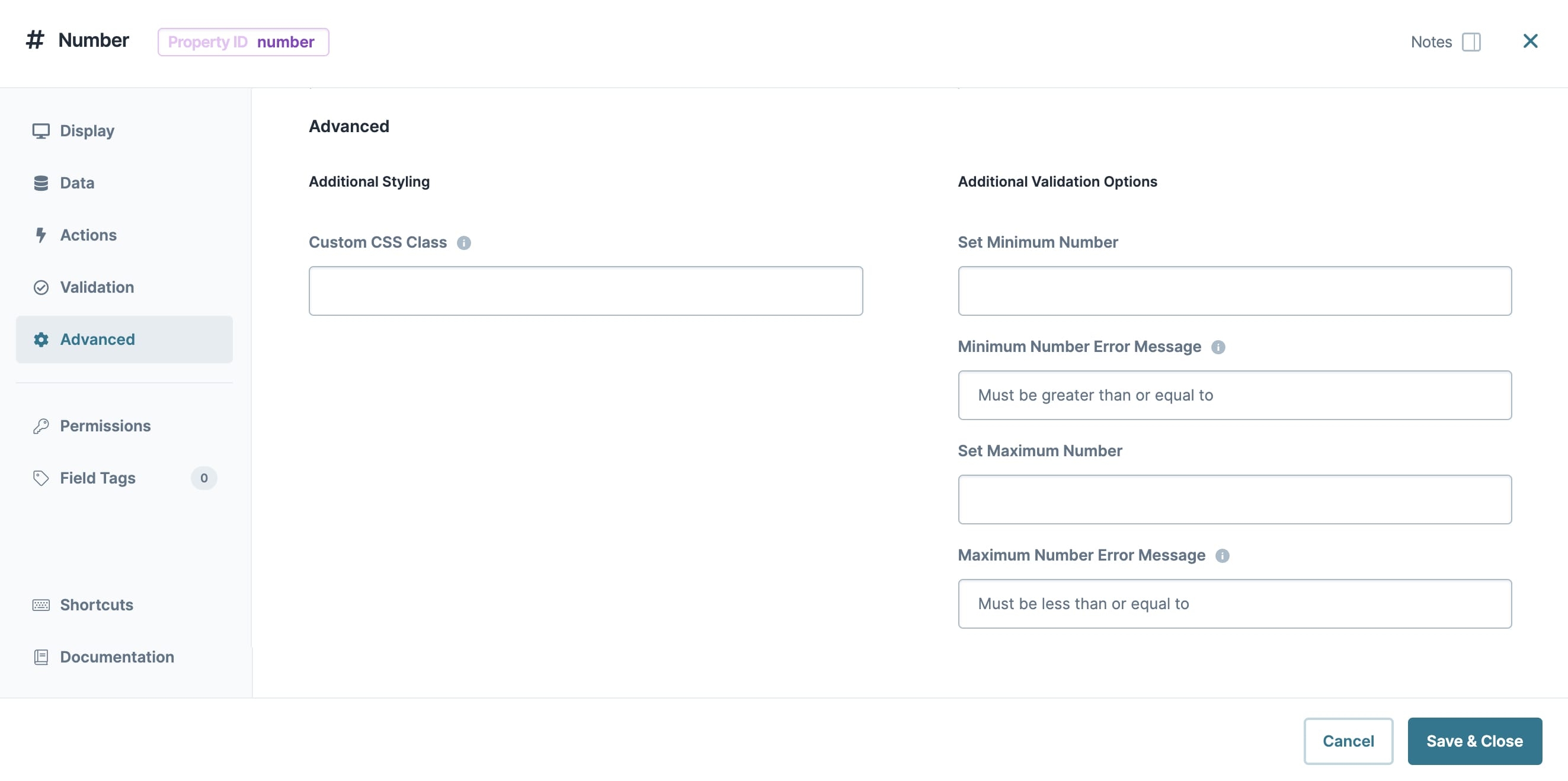A static image dispaying the Number component's Advanced settings.