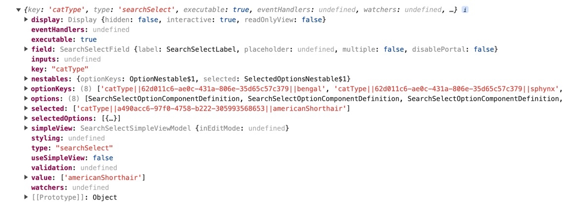 A static image displaying a Search Select component in the DevTools Console view.