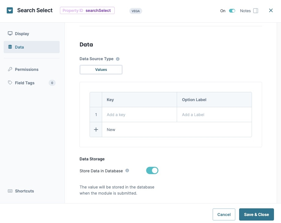 A static image displaying the Search Select component's Data settings.