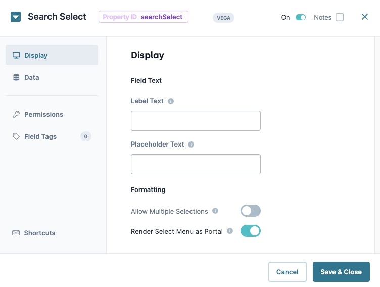 A static image displaying the Search Select component's Display settings.
