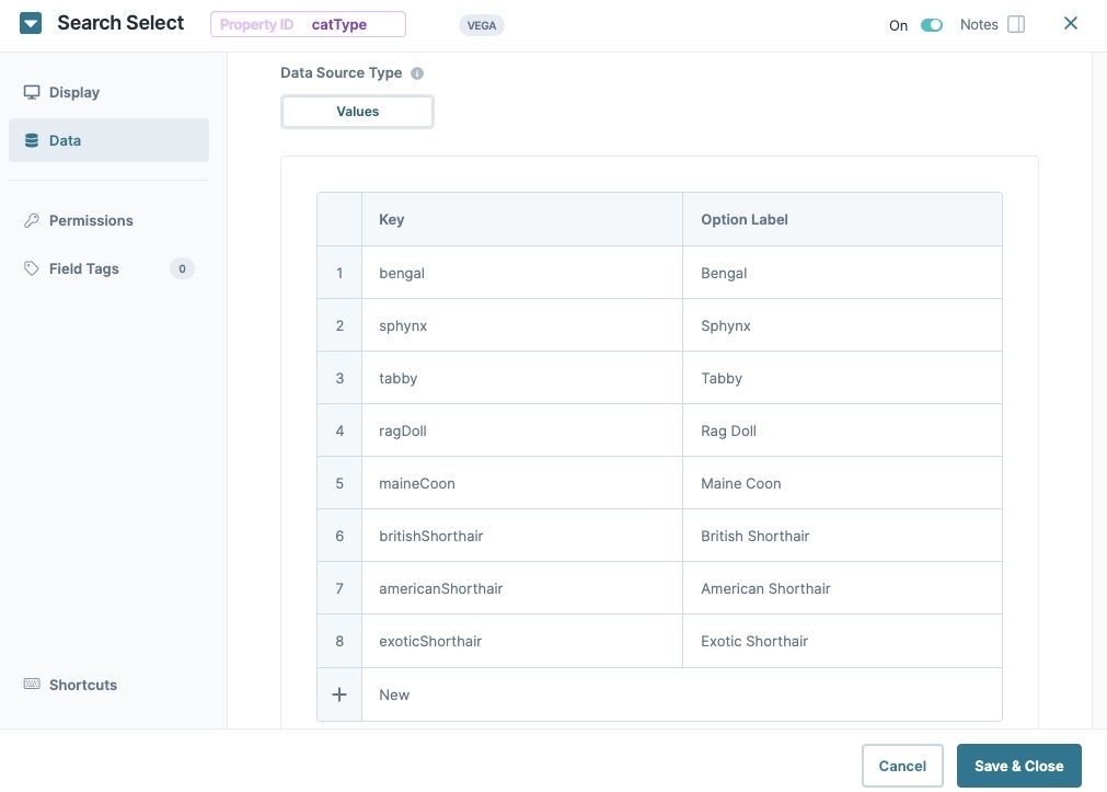 A static image displaying the catType Search Select component's data settings. The Data Values data is filled out.