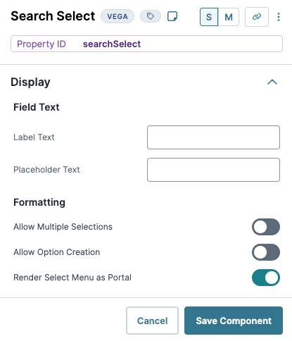 A static image displaying the Search Select component's Display settings.