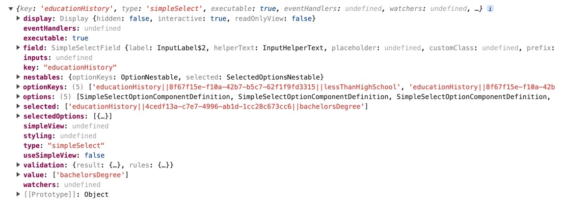 A static image displaying a Simple Select component in the DevTools Console view.