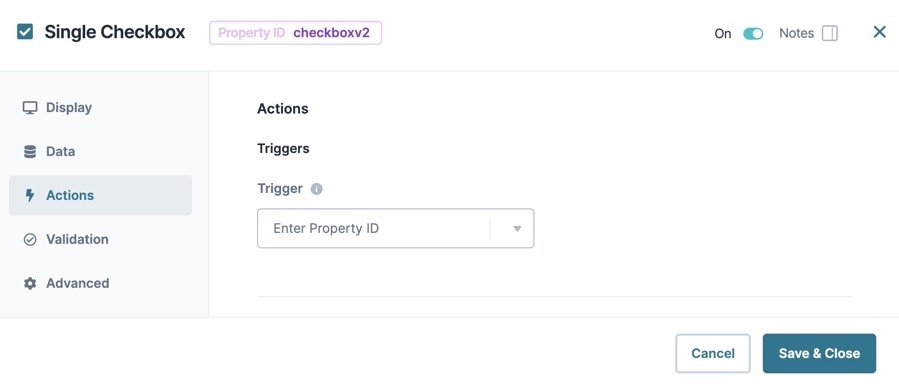 A static image dispaying the Single Checkbox component's Actions settings.