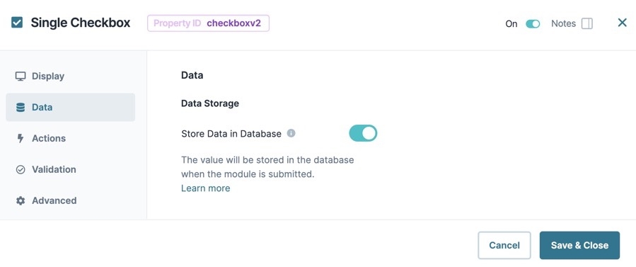 A static image dispaying the Single Checkbox component's Data settings.