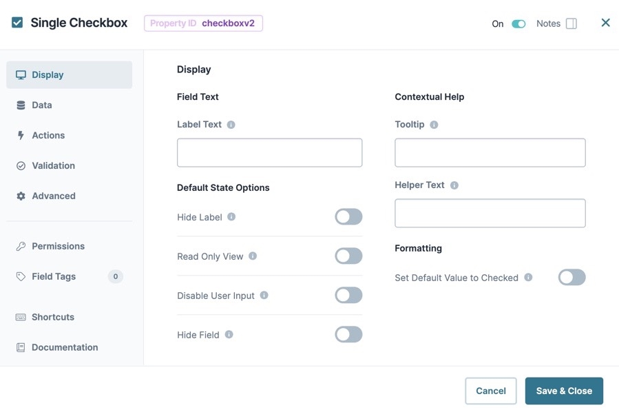 A static image dispaying the Single Checkbox component's Display settings.