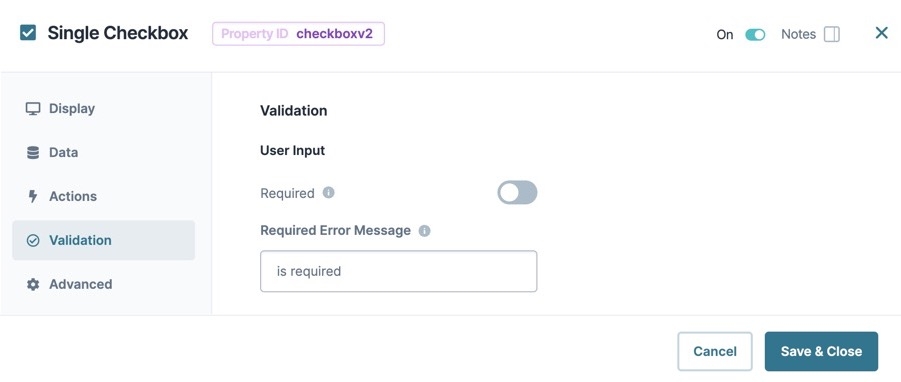 A static image dispaying the Single Checkbox component's Validation settings.