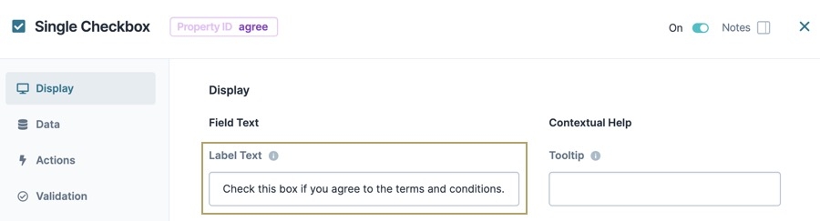 A static image displaying the Single Checkbox component's configuration window. The Label Text field is highlighted.