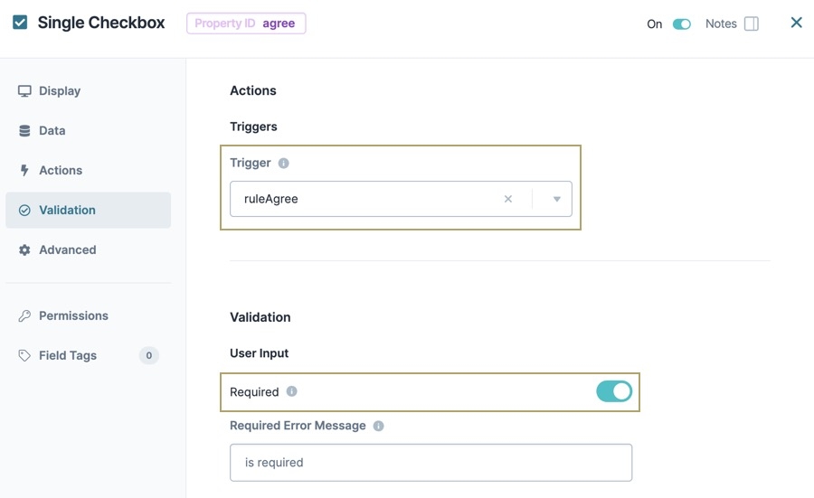 A static image displaying the Single Checkbox component's Actions and Validation settings. The trigger is set to ruleAgree and the Required setting is toggled on.