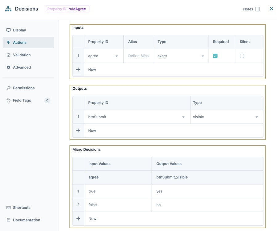 A static image displaying the Decisions component's Actions settings, the Inputs, Outputs, and Micro Decisions tables are filled out.