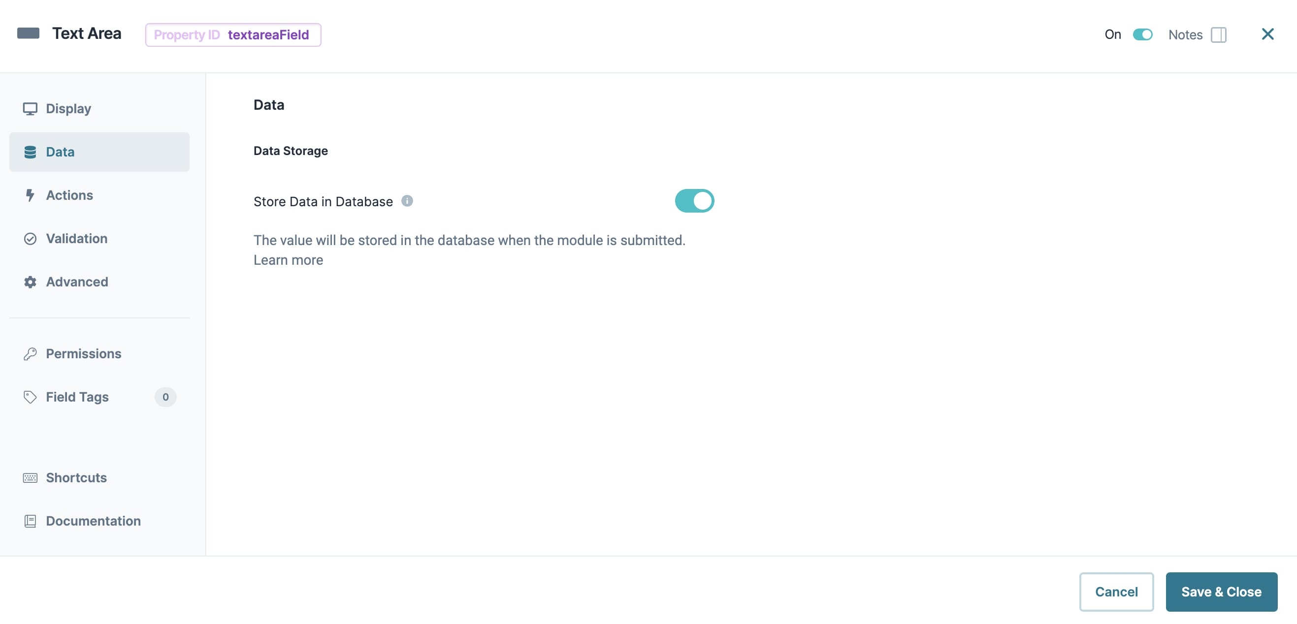 A static image dispaying the Text Area component's Data settings.