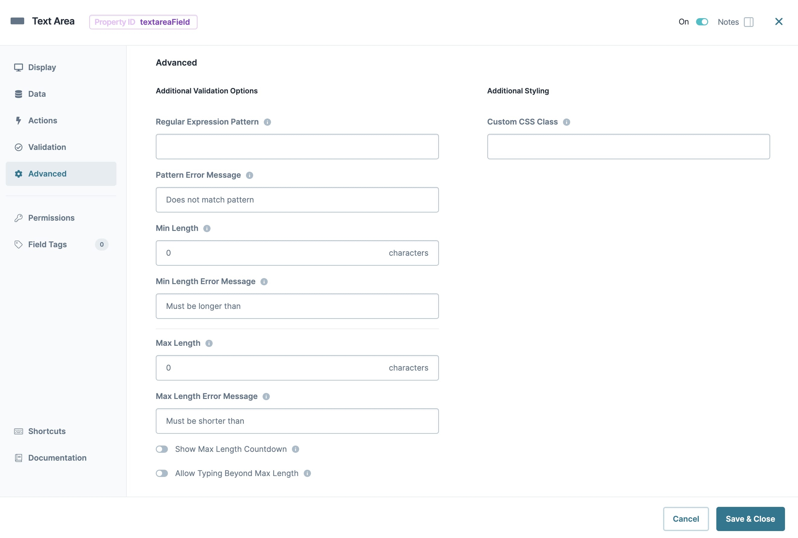 A static image dispaying the Text Area component's Advanced settings.