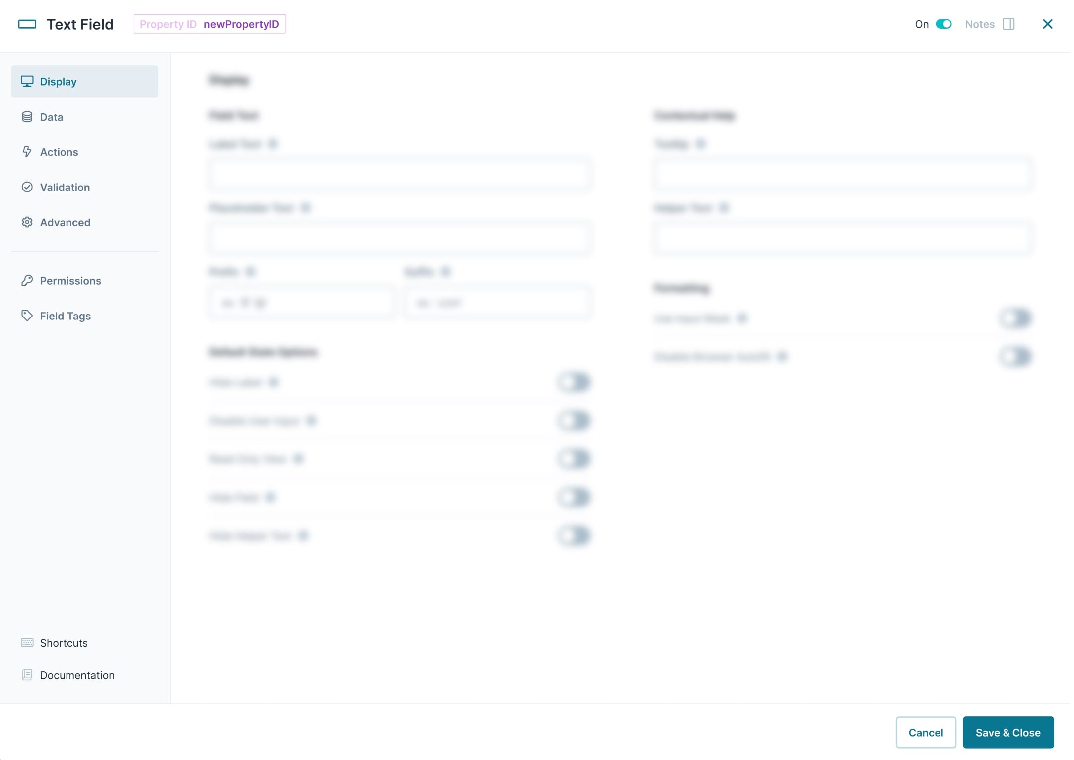 A static image displaying the layout of the Text Field component configuration window.