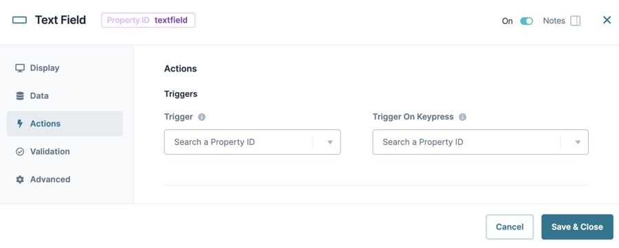 A static image dispaying the Text Field component's Actions settings.