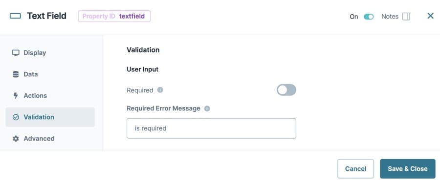 A static image dispaying the Text Field component's Validation settings.