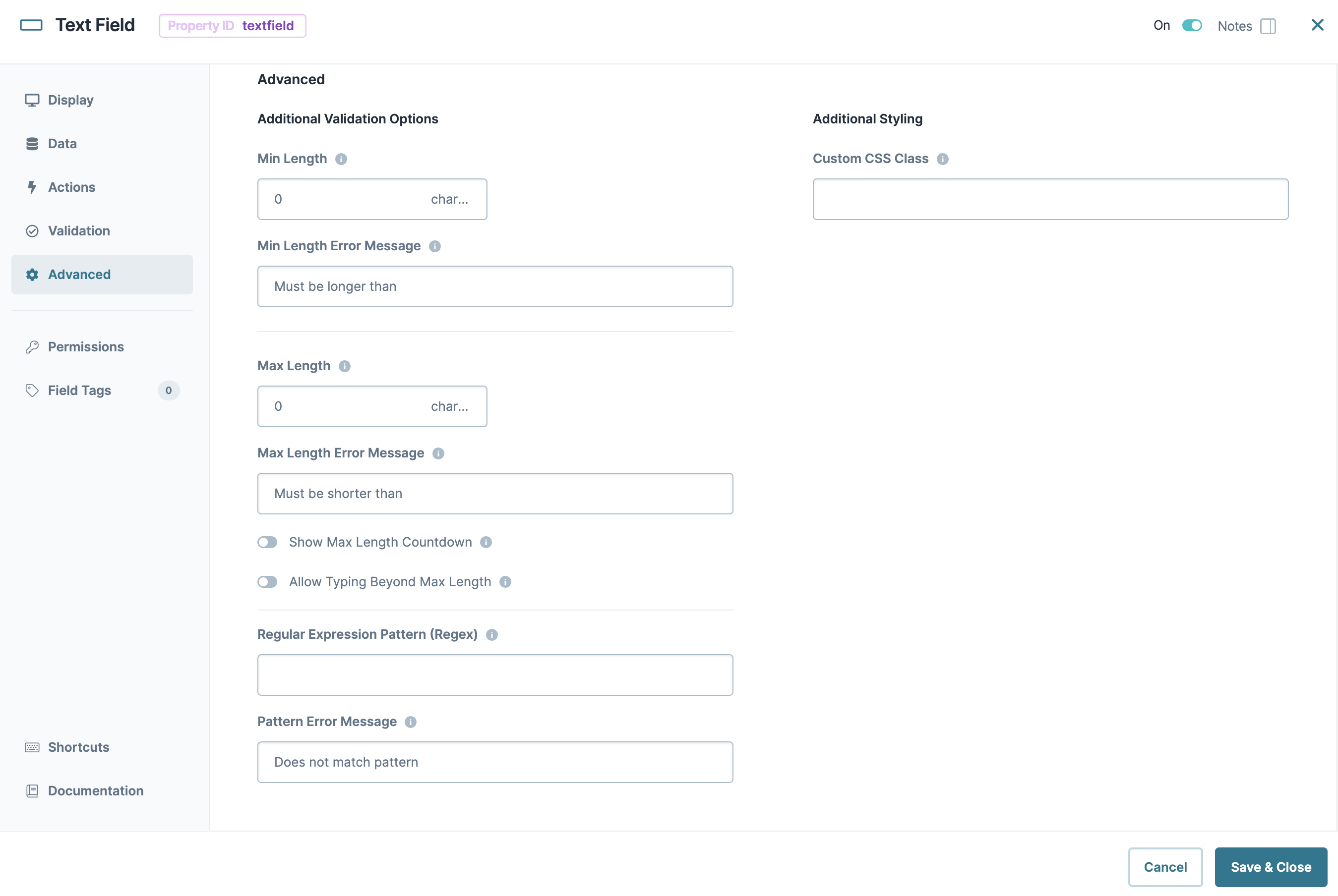 A static image dispaying the Text Field component's Advanced settings.