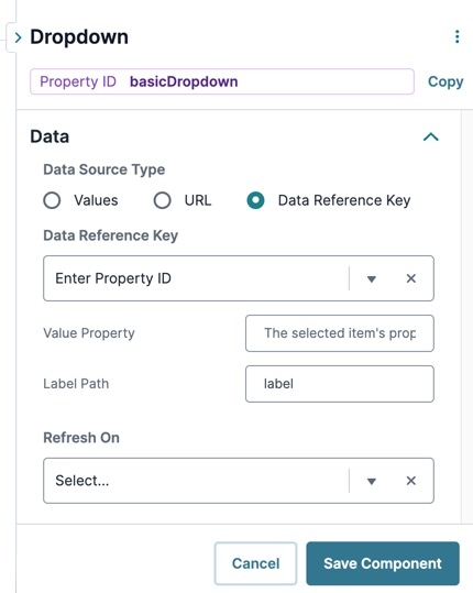 A static image displaying the Udesigner Dropdown component's Data Reference Key Data Source Type.